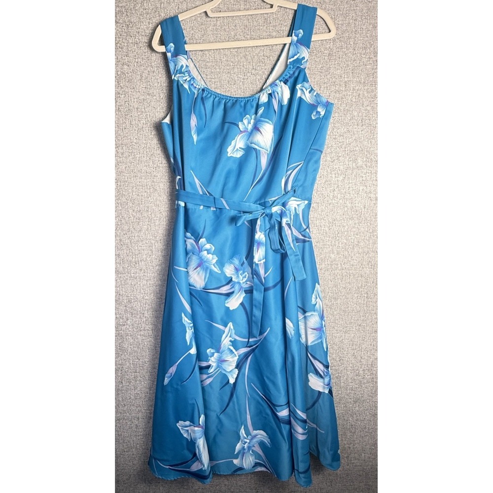 Vintage Strappy Satin Hawaiian‎ Tropical Beachy Wrap Dress Blue White Floral M/L